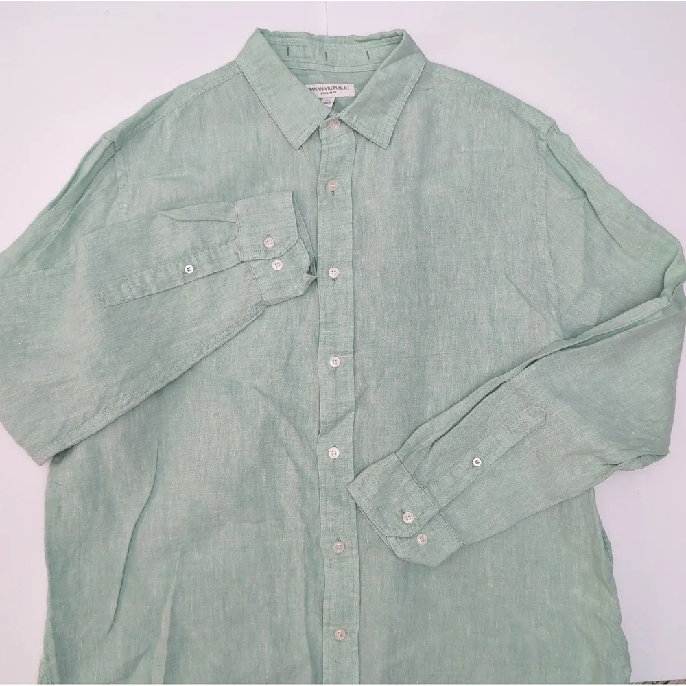 Banana Republic Mens XL 100% Linen Button Up Long Sleeve Mint Preppy Resort
